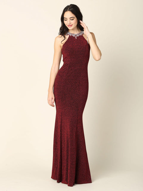 Metallic Long Fitted Halter Prom Dress