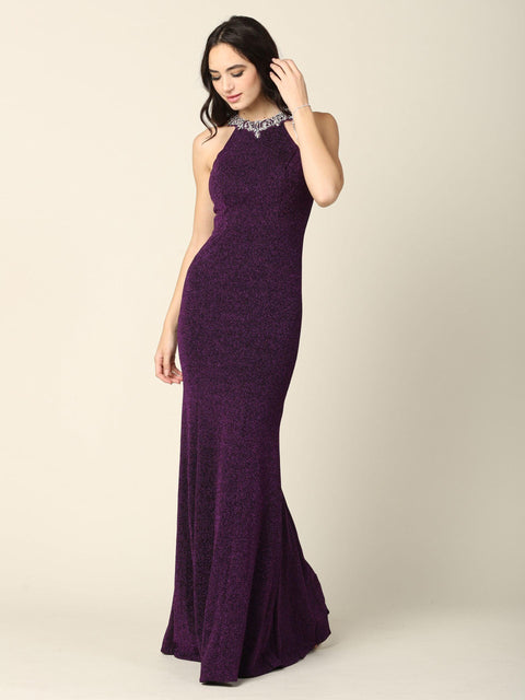 Metallic Long Fitted Halter Prom Dress
