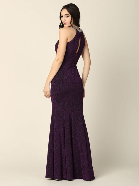 Metallic Long Fitted Halter Prom Dress