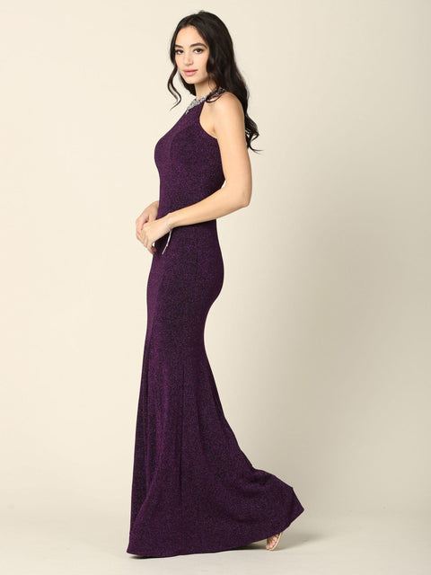 Metallic Long Fitted Halter Prom Dress