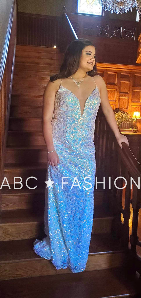Long Iridescent Sequin Fitted Dress by Nox Anabel S458