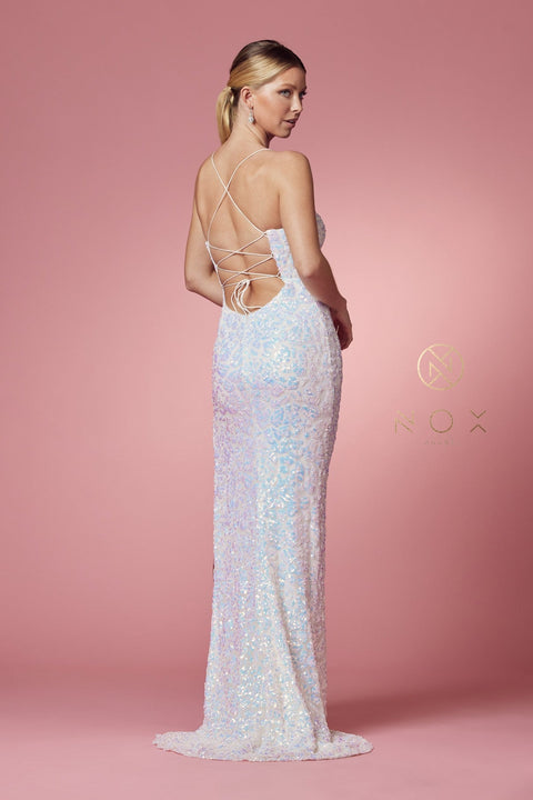 Long Iridescent Sequin Fitted Dress by Nox Anabel S458