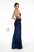 Elizabeth K GL2919: Long Fitted Sequin Dress with Side Slit