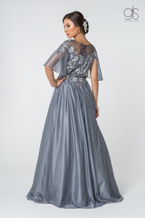 Elizabeth K Gl2830: Long Dress with Floral Applique and Flutter Sleeves – alternate view 2