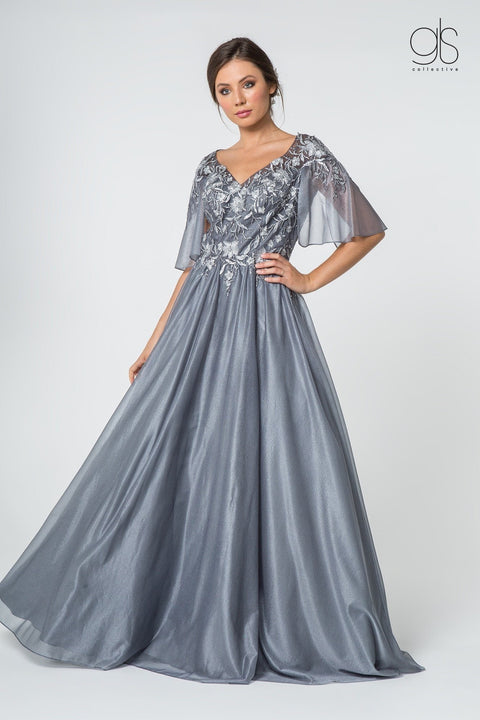 Silver Elizabeth K Gl2830: Long Dress with Floral Applique and Flutter Sleeves