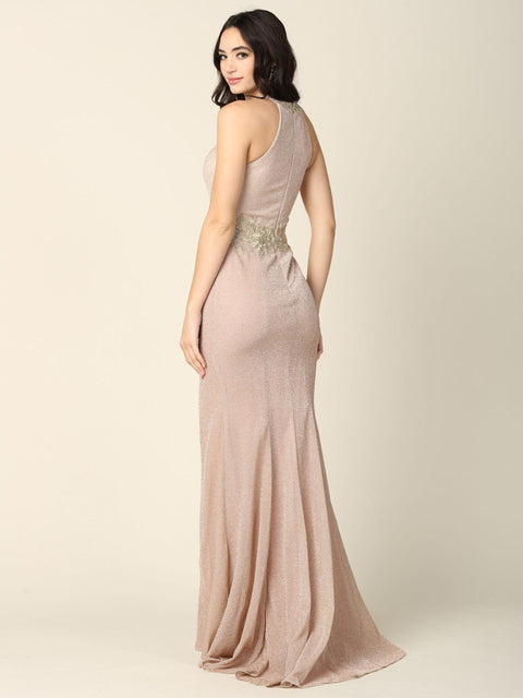 Metallic Long Formal Fitted Halter Prom Dress