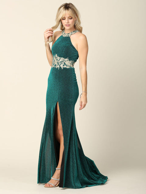 Metallic Long Formal Fitted Halter Prom Dress