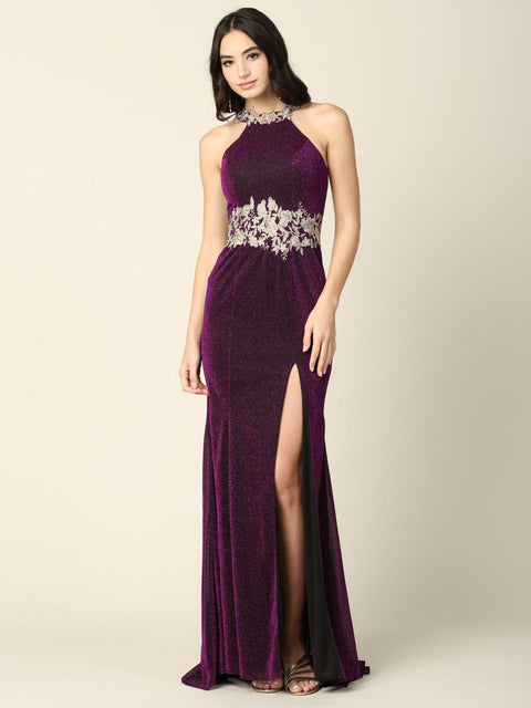 Metallic Long Formal Fitted Halter Prom Dress