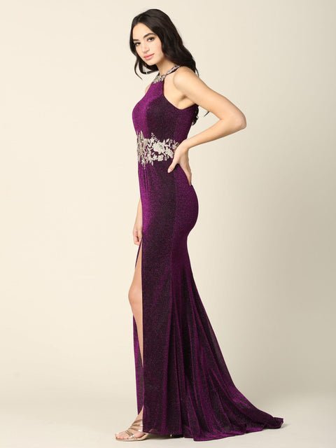 Metallic Long Formal Fitted Halter Prom Dress