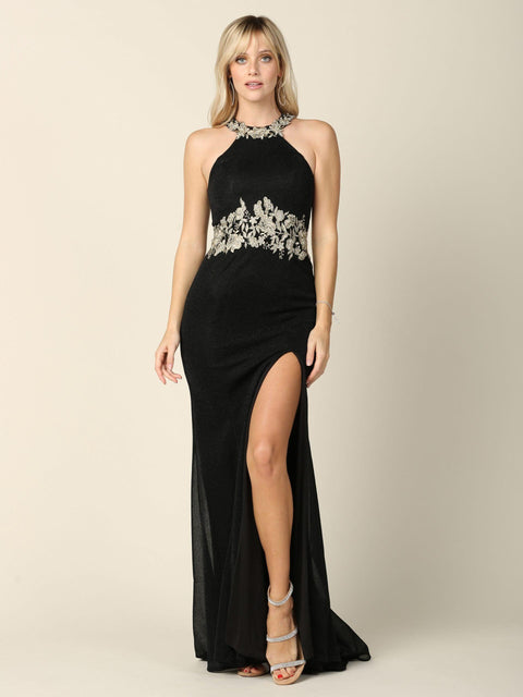 Metallic Long Formal Fitted Halter Prom Dress