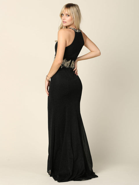 Metallic Long Formal Fitted Halter Prom Dress