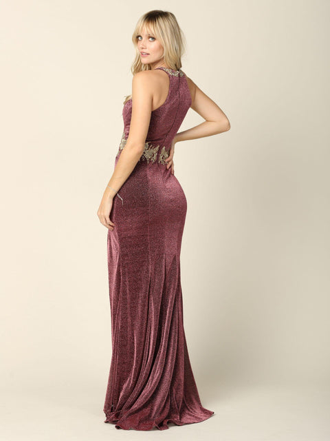 Metallic Long Formal Fitted Halter Prom Dress