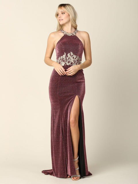 Metallic Long Formal Fitted Halter Prom Dress