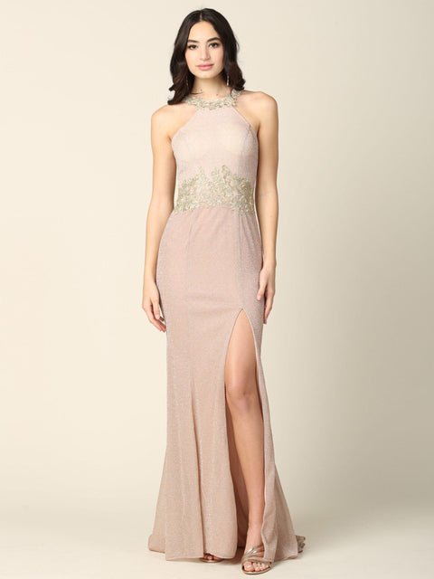 Metallic Long Formal Fitted Halter Prom Dress