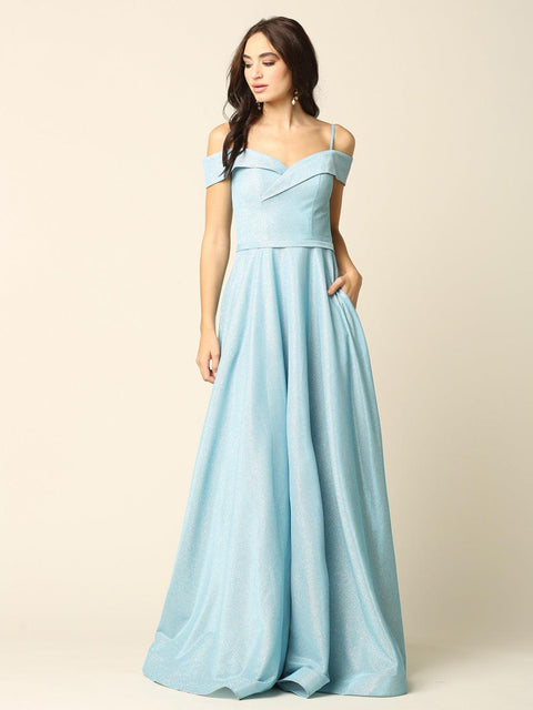 Formal Glitter Ball Gown with Long Off Shoulder