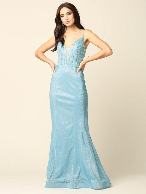 Metallic Long Formal Spaghetti Strap Prom Dress