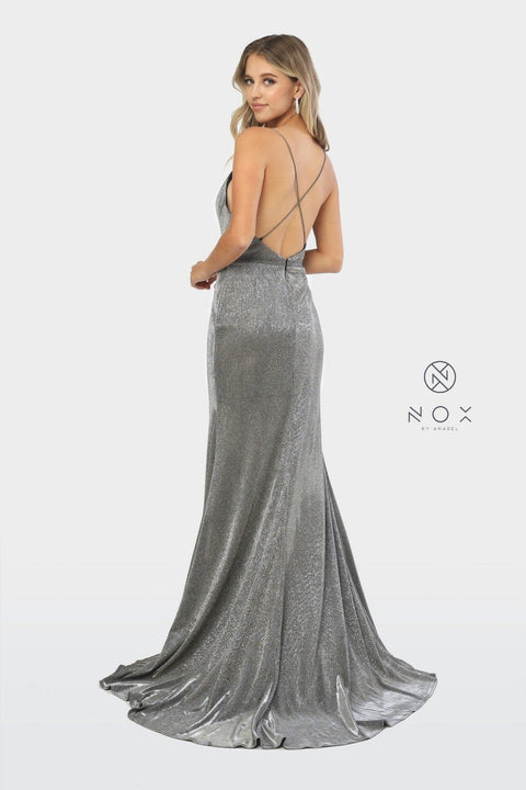 Long  V-Neck Glitter Dress with Slit by Nox Anabel C238