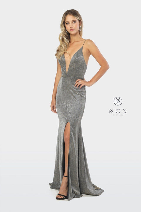 Long  V-Neck Glitter Dress with Slit by Nox Anabel C238