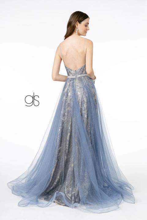Long Glitter V-Neck Dress with Tulle Skirt by Elizabeth K GL2993