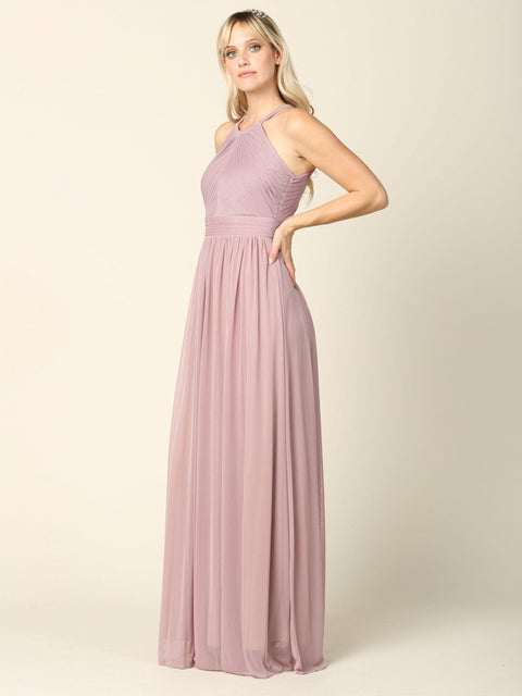 Long Halter Pleated Bridesmaids Dress