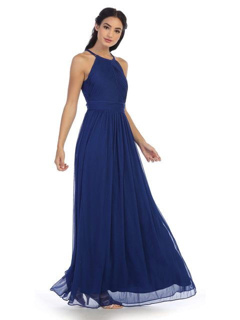 Long Halter Pleated Bridesmaids Dress