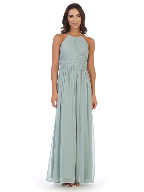 Long Halter Pleated Bridesmaids Dress