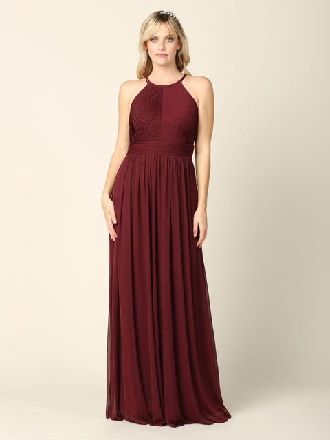 Long Halter Pleated Bridesmaids Dress