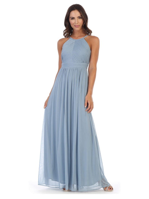 Long Halter Pleated Bridesmaids Dress