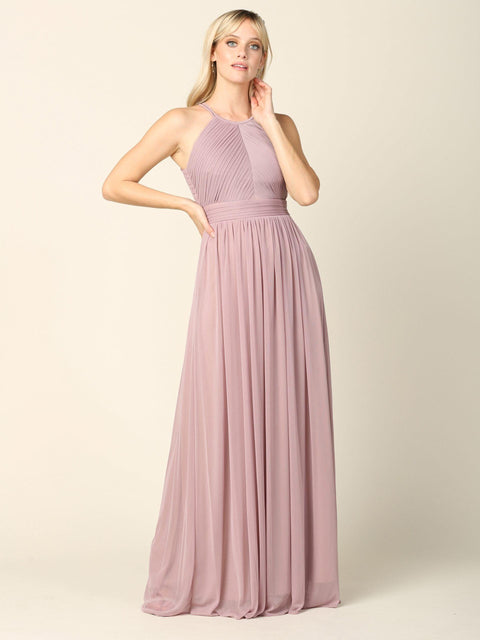 Long Halter Pleated Bridesmaids Dress
