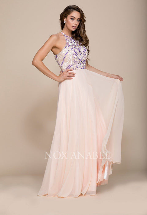 Long Halter Illusion Jeweled Bodice Dress by Nox Anabel 8276