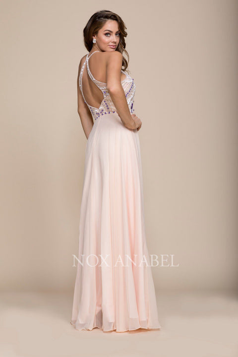 Long Halter Illusion Jeweled Bodice Dress by Nox Anabel 8276