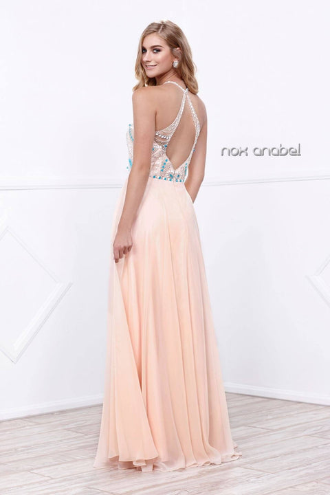 Long Halter Illusion Jeweled Bodice Dress by Nox Anabel 8276