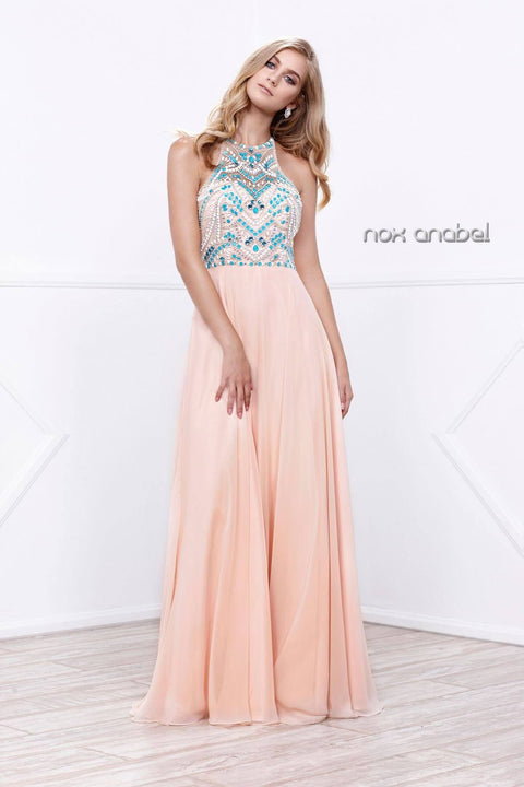 Long Halter Illusion Jeweled Bodice Dress by Nox Anabel 8276
