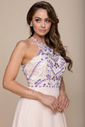 Long Halter Illusion Jeweled Bodice Dress by Nox Anabel 8276