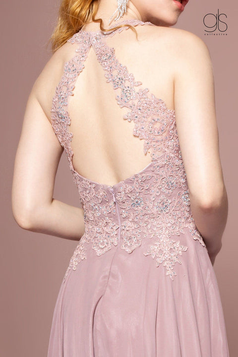 Elizabeth K GL2690: Long Dress with High Neck and Sheer Applique Top