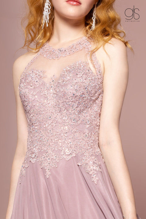Elizabeth K GL2690: Long Dress with High Neck and Sheer Applique Top