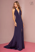 Elizabeth K GL2668: Long Jersey Dress with Illusion Deep V-Neck