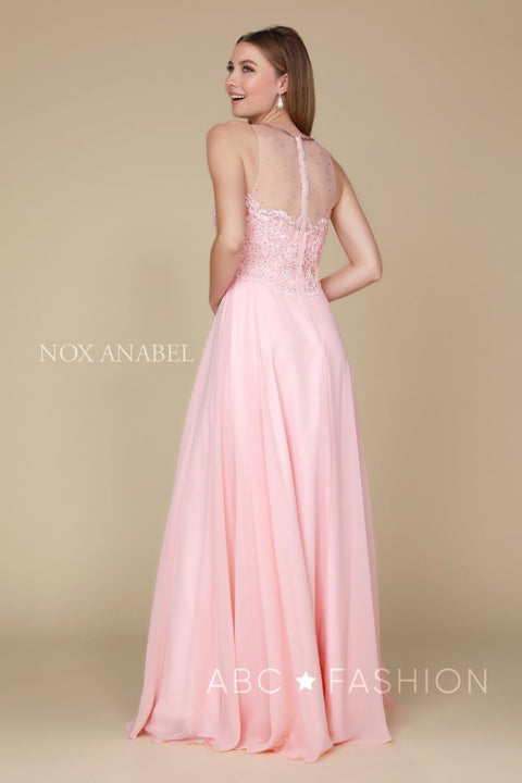 Long Illusion Bodice Dress with Appliques by Nox Anabel Y009