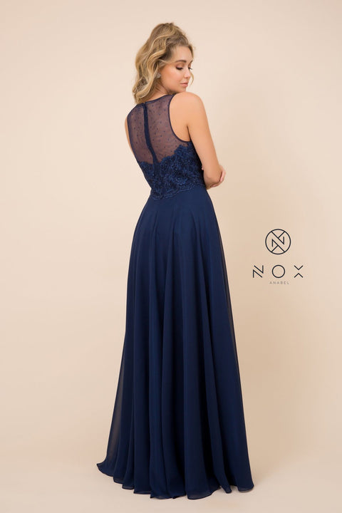 Long Illusion Bodice Dress with Appliques by Nox Anabel Y009