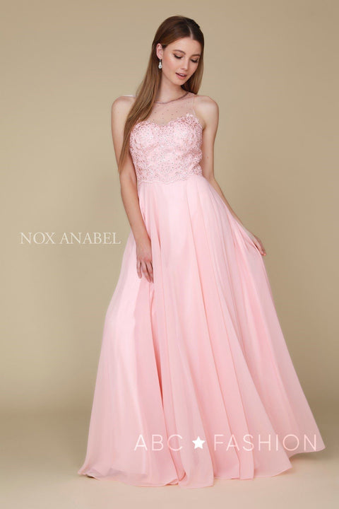 Long Illusion Bodice Dress with Appliques by Nox Anabel Y009