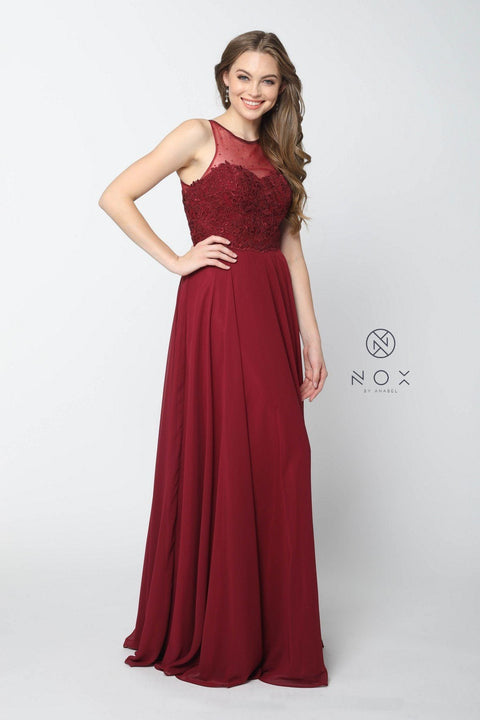Long Illusion Bodice Dress with Appliques by Nox Anabel Y009