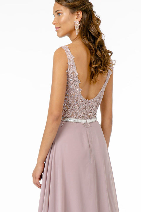 Long Illusion V-Neck Dress with Embroidered Top by Elizabeth K GL2653