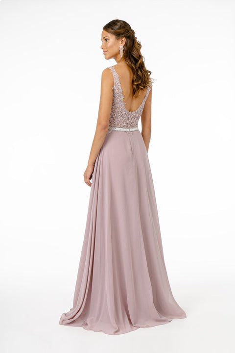 Long Illusion V-Neck Dress with Embroidered Top by Elizabeth K GL2653