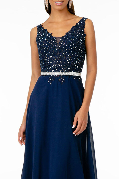 Long Illusion V-Neck Dress with Embroidered Top by Elizabeth K GL2653