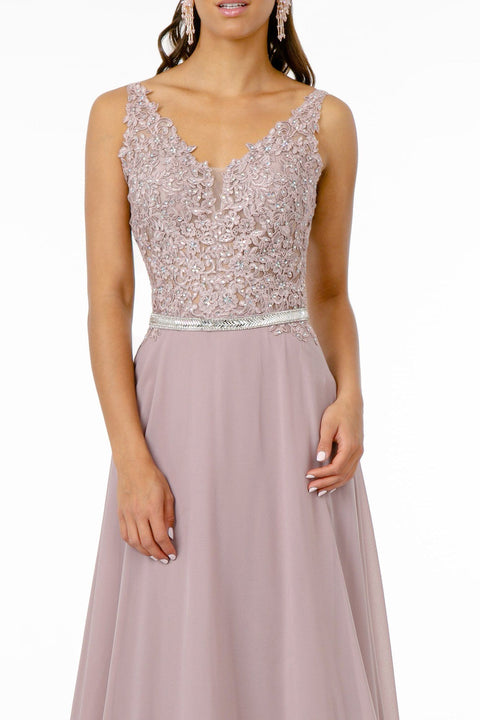 Long Illusion V-Neck Dress with Embroidered Top by Elizabeth K GL2653