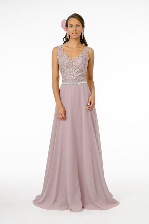 Long Illusion V-Neck Dress with Embroidered Top by Elizabeth K GL2653