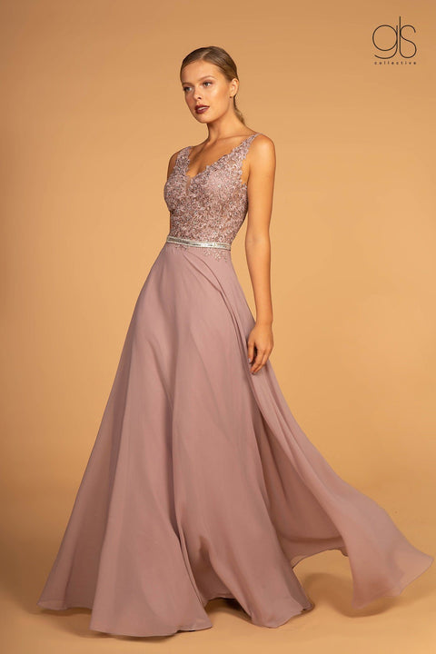 Long Illusion V-Neck Dress with Embroidered Top by Elizabeth K GL2653