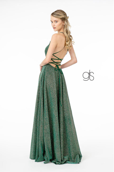 Elizabeth K GL1828: Long Metallic Glitter Dress with Illusion V-Neck