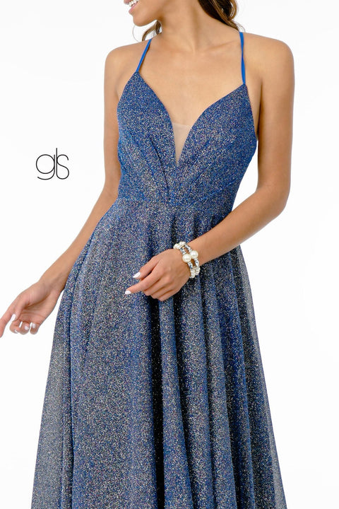 Elizabeth K GL1828: Long Metallic Glitter Dress with Illusion V-Neck