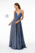 Elizabeth K GL1828: Long Metallic Glitter Dress with Illusion V-Neck